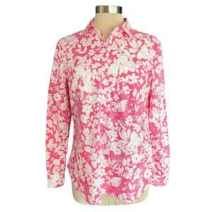 Talbots Pink White Floral Print Button Up Shirt Sz 10 Long Sleeves Crisp Cotton